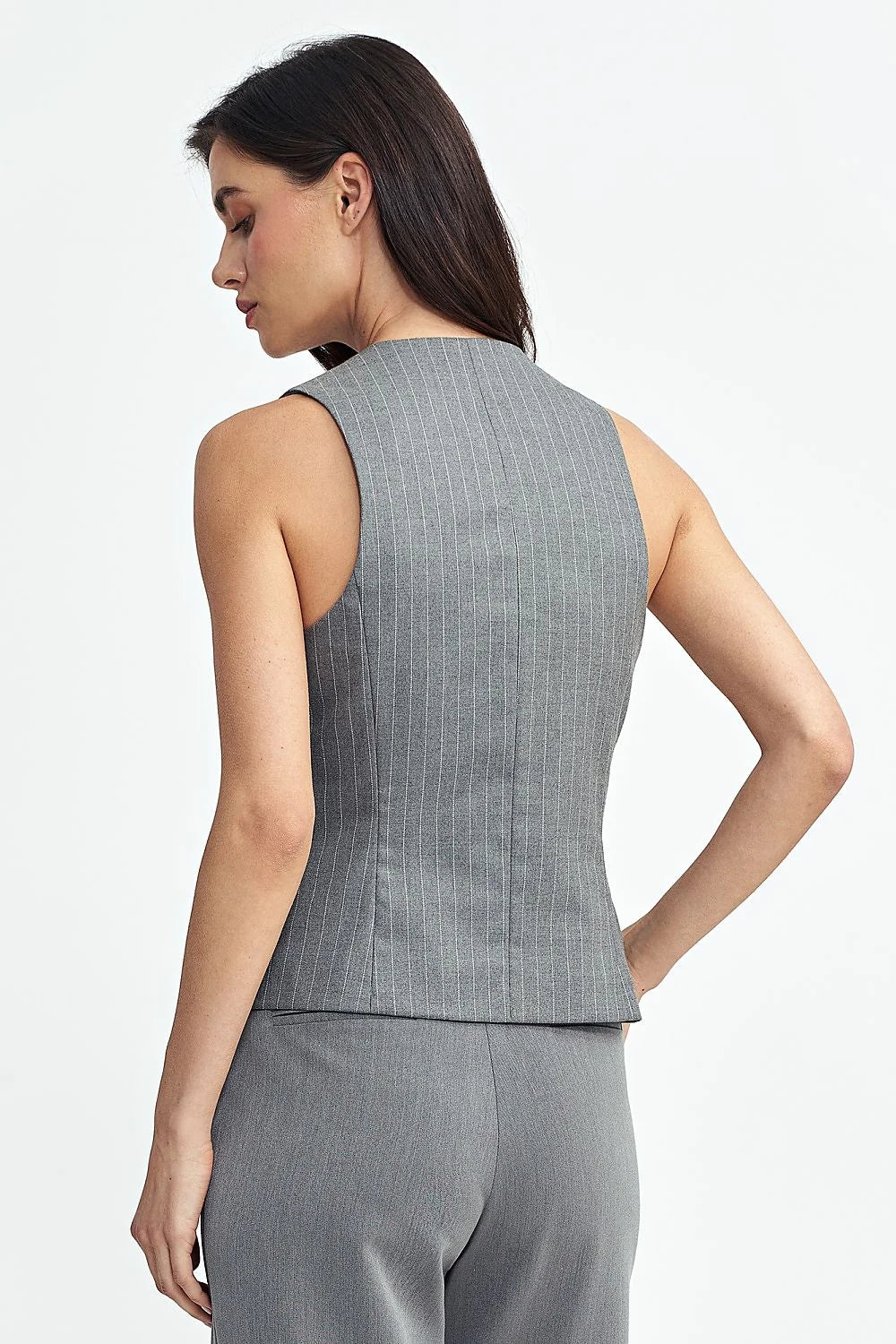Gilet pour femme élégant coupe ajustée sans manches en V profond gris anthracite rayures fines femmes