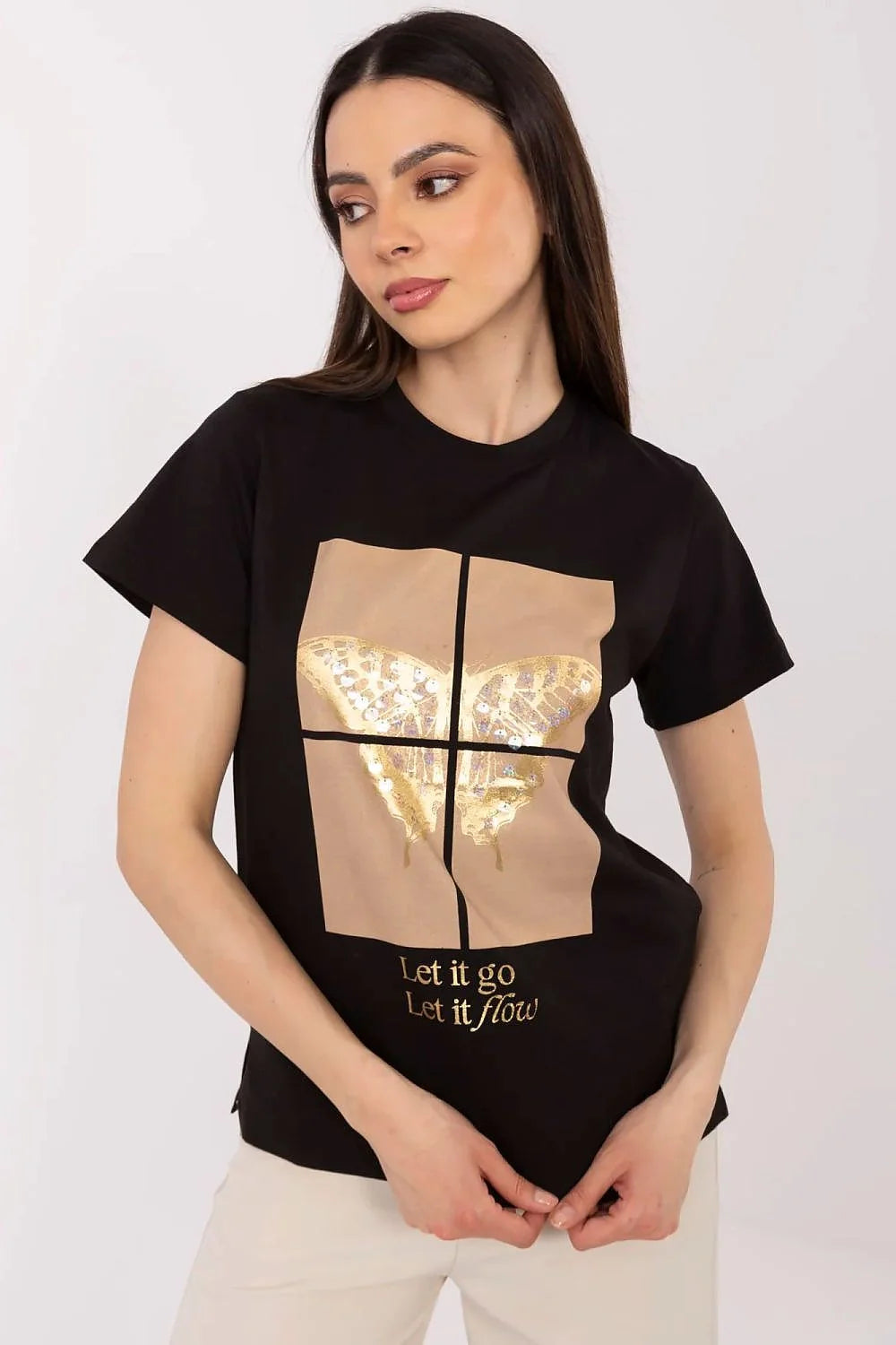 T-shirt femme design artistique papillon doré style casual manches courtes col rond coton élasthanne noir finition métallique