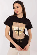 T-shirt femme design artistique papillon doré style casual manches courtes col rond coton élasthanne noir finition métallique