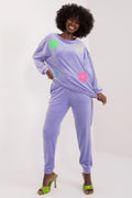 Ensemble décontracté pour femmes en velours violet pastel motif floral brodé manches longues coupe droite