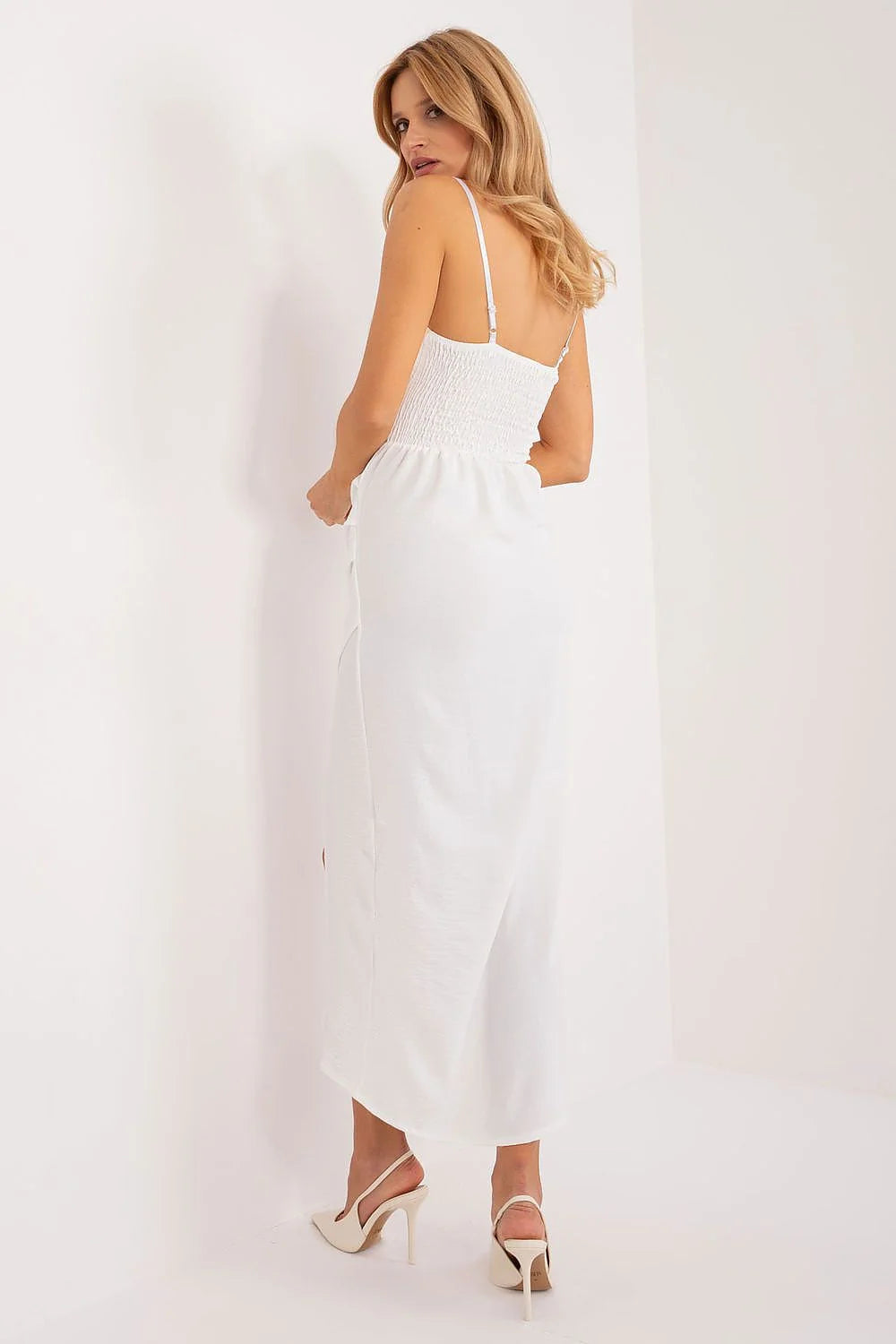 Robe de cocktail élégante blanche sans manches fente haute motif floral taille ajustable femme