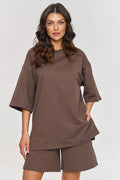 Ensemble de survêtement décontracté pour femme en coton marron uni, coupe oversize, manches courtes, short taille élastique