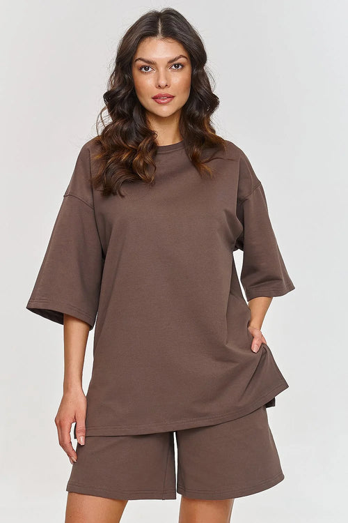 Ensemble de survêtement décontracté pour femme en coton marron uni, coupe oversize, manches courtes, short taille élastique