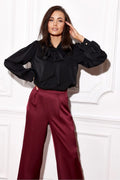 chemisier élégant manches longues noeud lavallière polyester noir femme soirée professionnelle sophistiqué léger fluide bouffantes poignets boutonnés boutons dorés