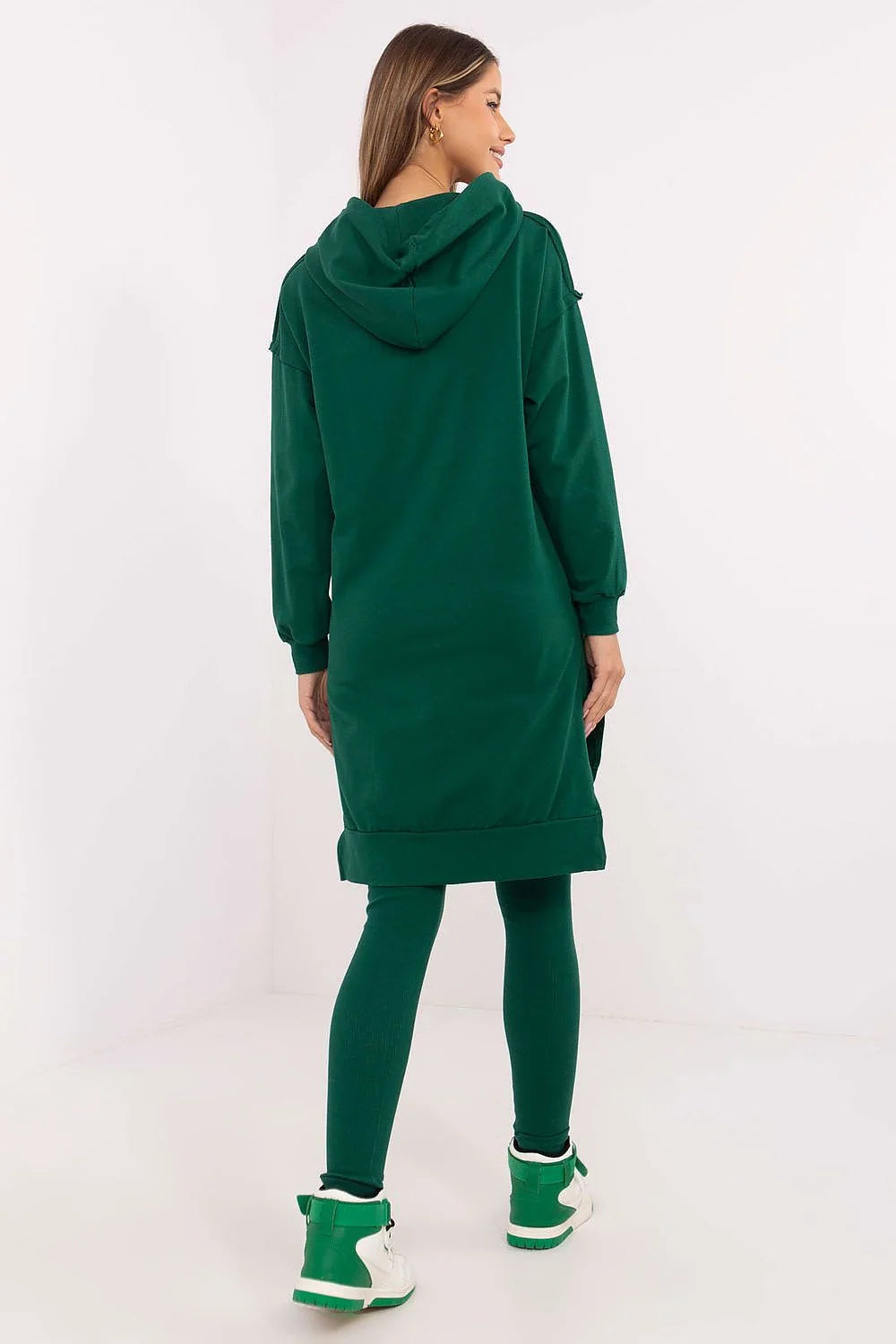 Ensemble femme tunique legging vert profond style casual confortable matériau coton elastane kangourou poche