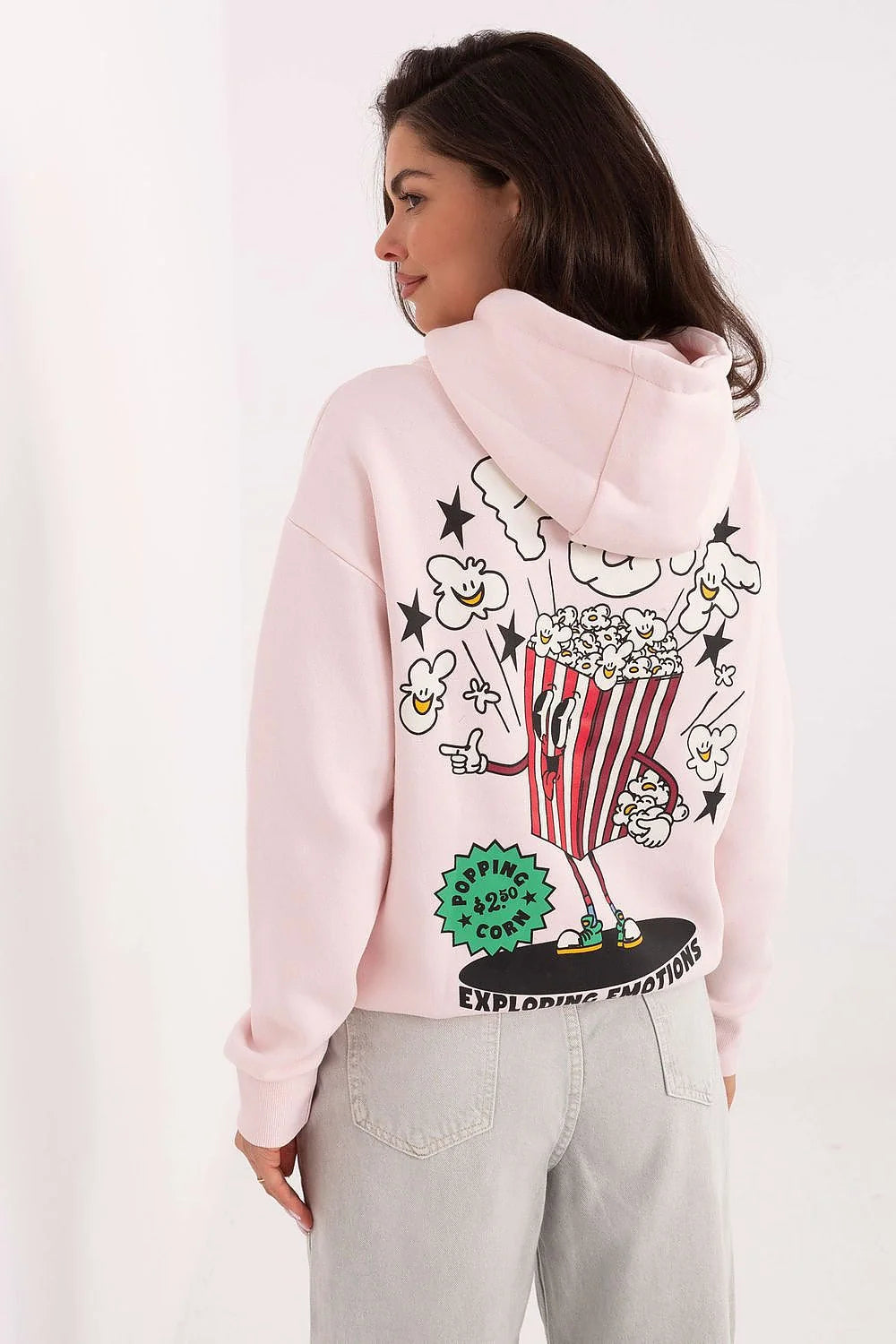 hoodie femme oversize capuche rose pale molleton coton polyester coupe ample manches tombantes poche kangourou imprimé poitrine patch