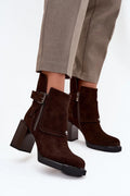 bottines femme daim marron foncé cheville talon bloc haute plateforme semelle crantée fermeture éclair sangle boucle métal doublure rembourrée antidérapante