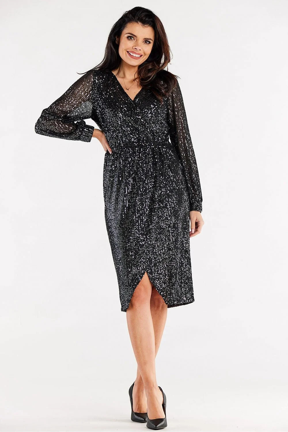 robe soirée longue manches longues décolleté V croisé sequins rouge portefeuille taille ajustable paillettes fente frontale bouffantes doublure élasthanne polyester