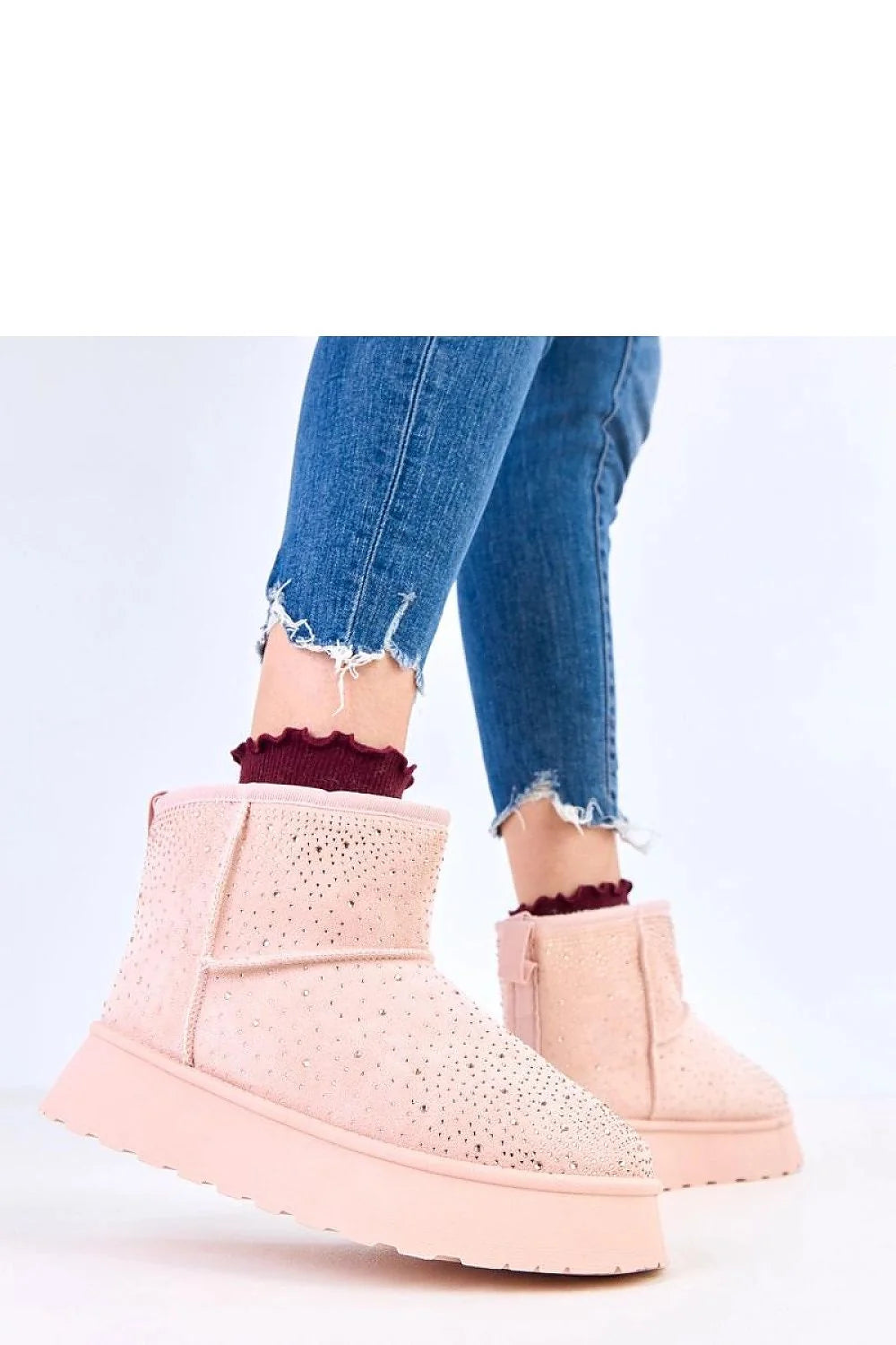 bottines neige femme cheville faciles doublées fourrure suédine synthétique rose poudré strass scintillants semelle plateforme épaisse crantée antidérapante chaude confortable