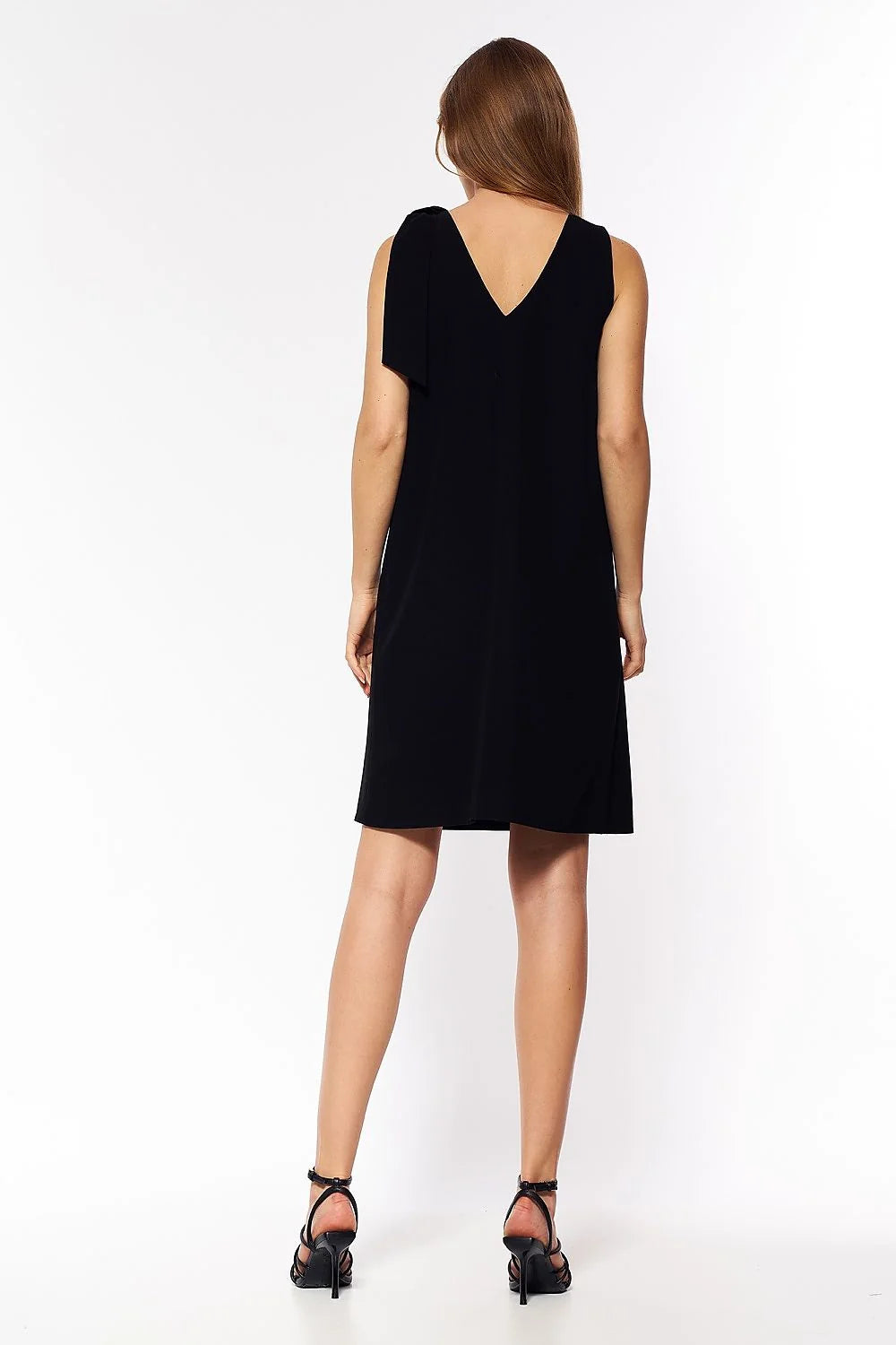 Robe de cocktail élégante bleu vif sans manches décolleté en V noeud décoratif taille ajustable femmes