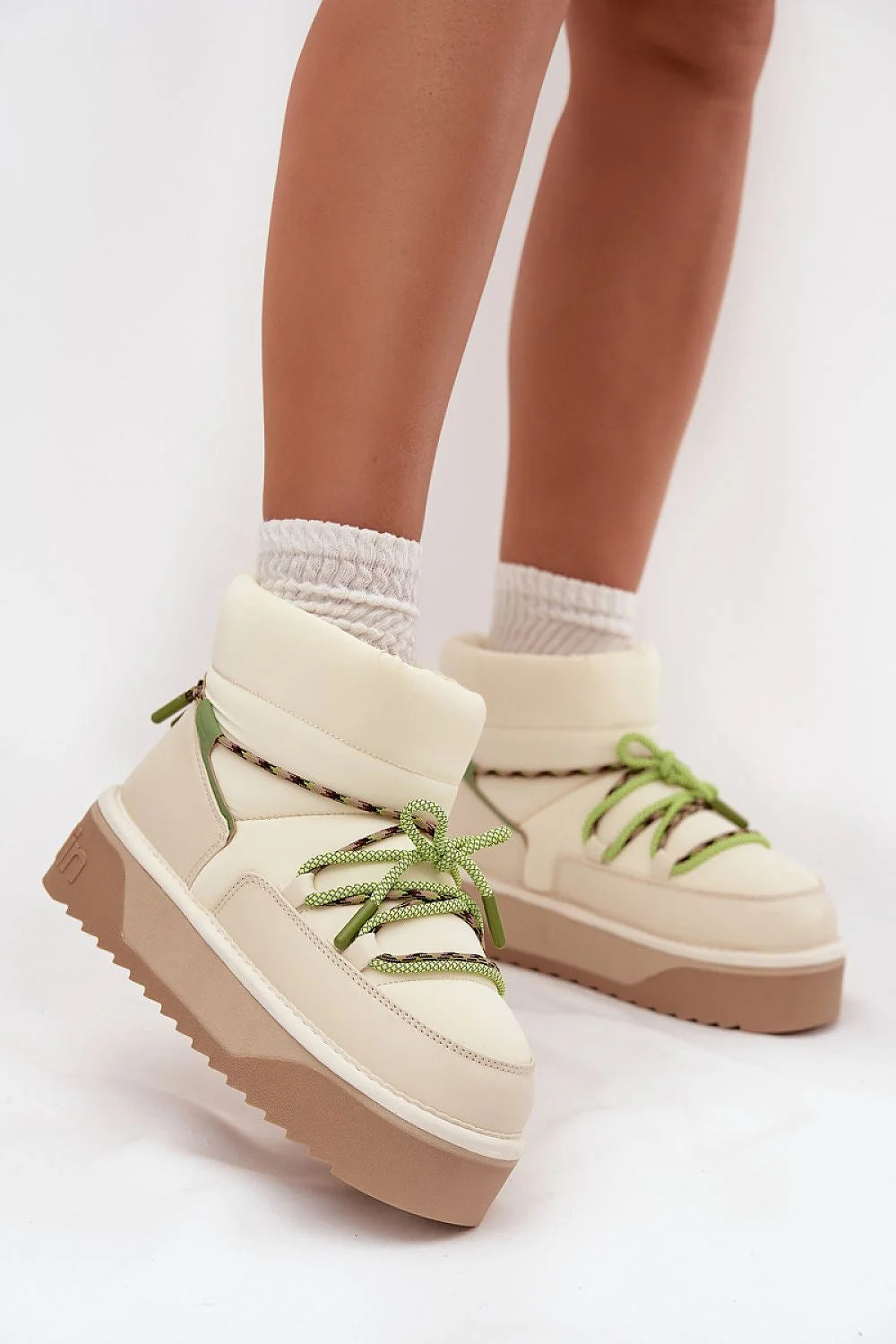 bottes neige femme DFranklin synthétique nylon imperméables légères doublure fourrure thermique semelle caoutchouc adhérence plateformes crantée chunky beige lacets bicolores