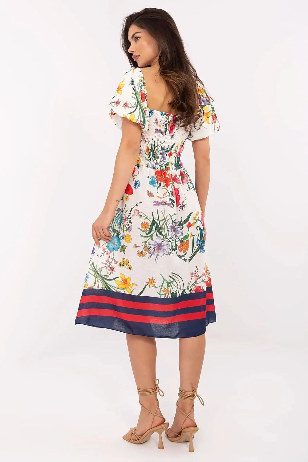 Robe d'été romantique en lin coton motif floral multicolore manches bouffantes col carré taille élastiquée robe A-line mi-mollet femme occasion été