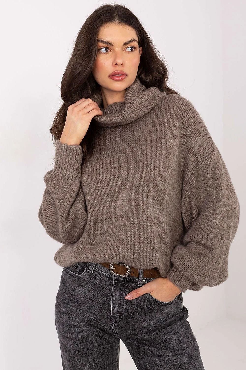 pull femme col roulé oversize grosse maille taupe coupe courte manches ballon moelleuse mohair acrylique nylon doux cocooning confortable hivernal