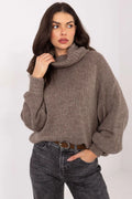pull femme col roulé oversize grosse maille taupe coupe courte manches ballon moelleuse mohair acrylique nylon doux cocooning confortable hivernal