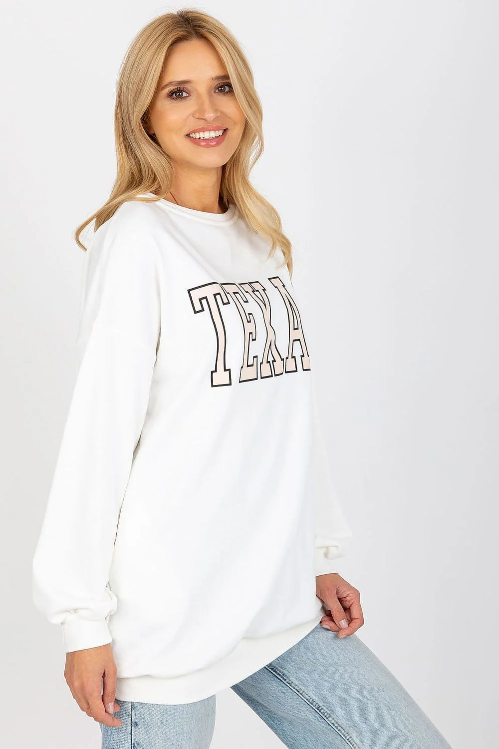 sweatshirt oversize femme long boxy encolure ronde manches ballon molleton coton épais blanc cassé lettrage TEXAS rose pâle poignets côtelés