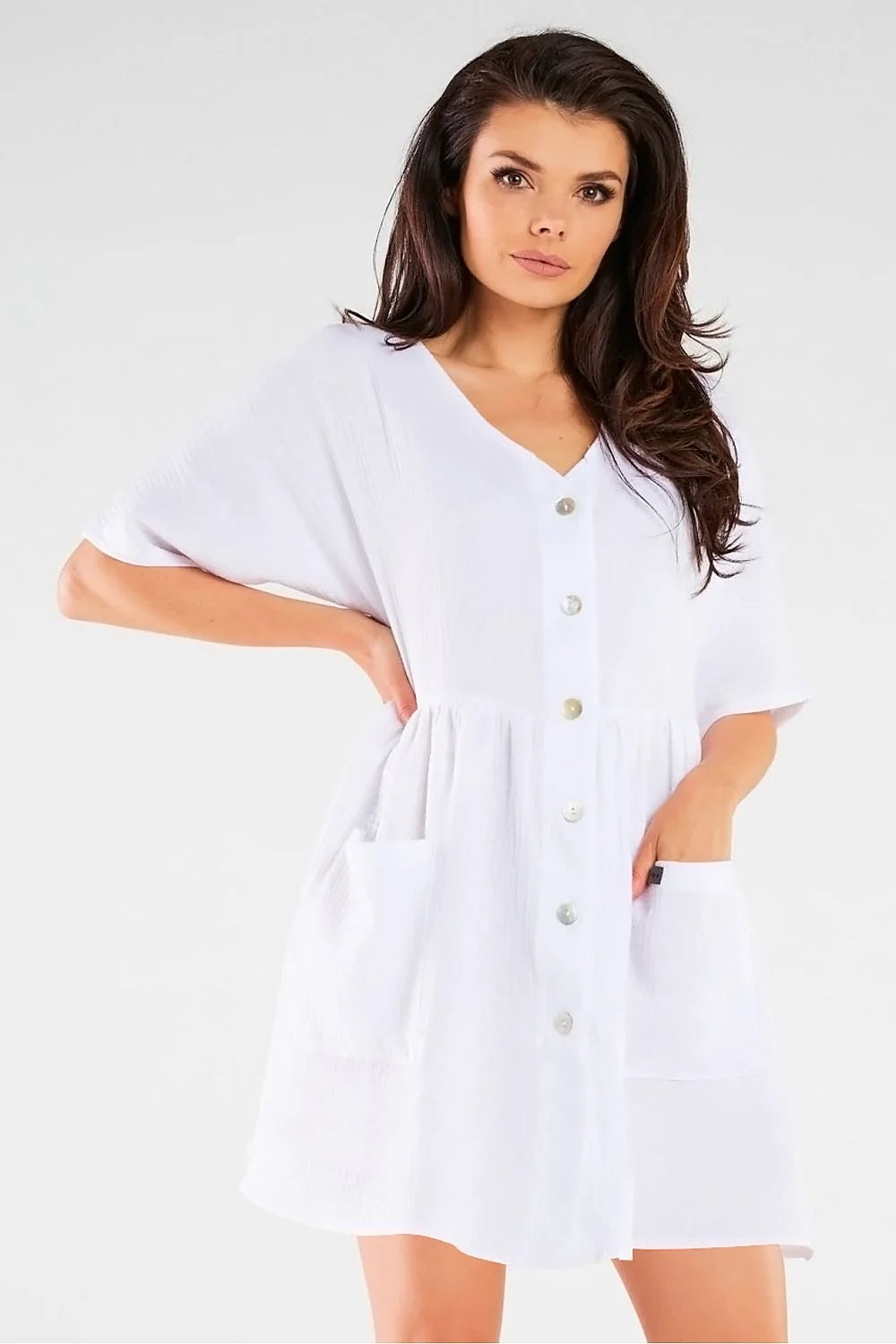 Robe de jour femme style décontracté coton 92% lycra 8% coupe ample manches courtes poches intégrées