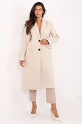 manteau long femme beige crème polyester droite col tailleur fermeture boutons contrastés poches rabats manches longues silhouette épurée chic doublé