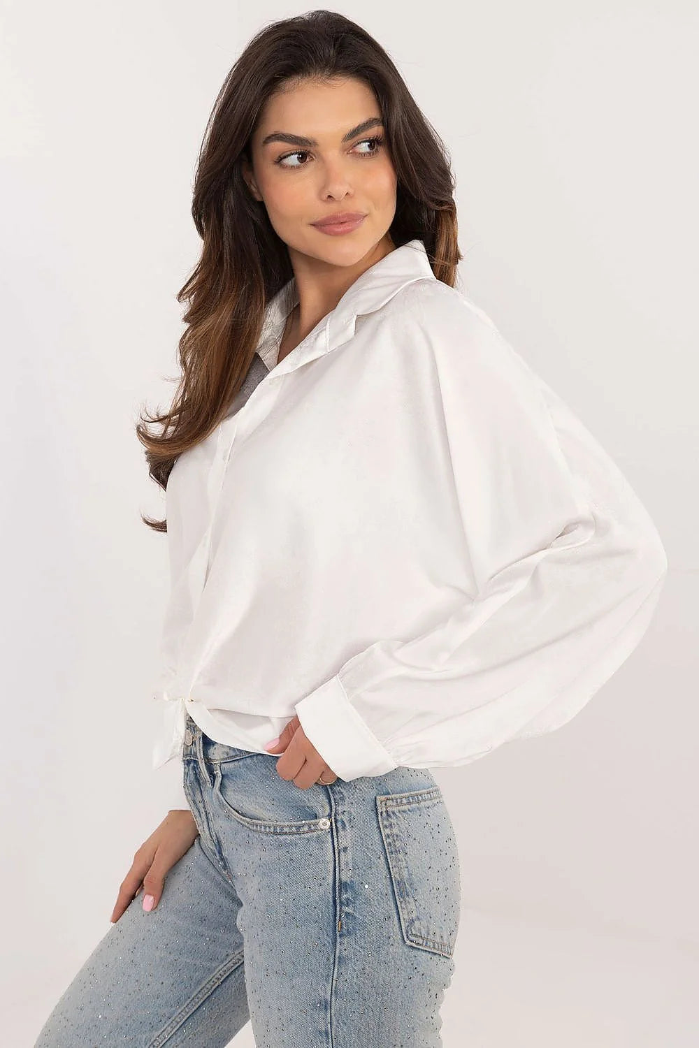 Chemise manche longue à col classique tissu coton blanc nœud à la taille femmes style décontracté moderne