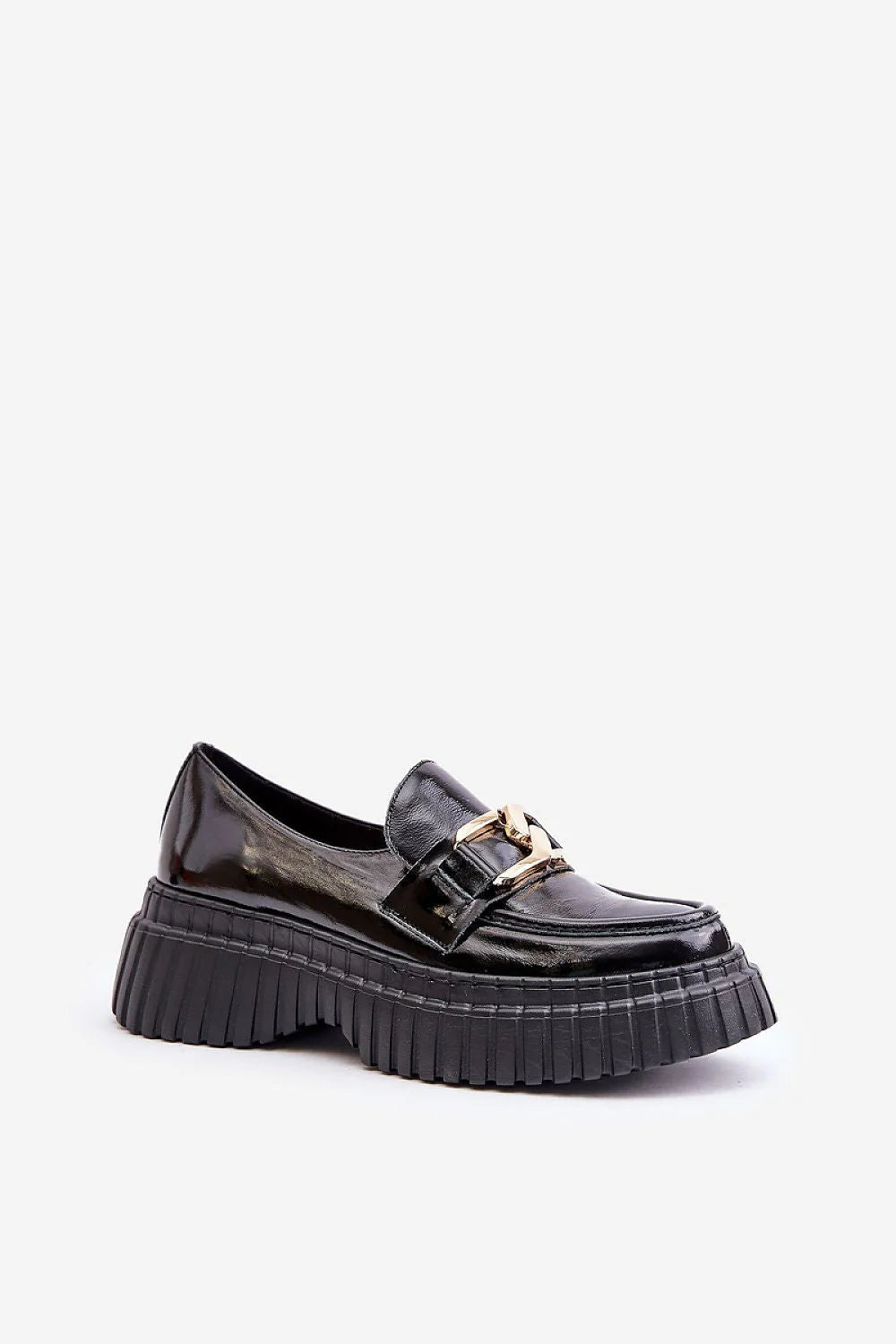 Chaussures basses en cuir verni noir pour femme, style moderne, semelle épaisse, détails dorés, mocassins élégants et confortables