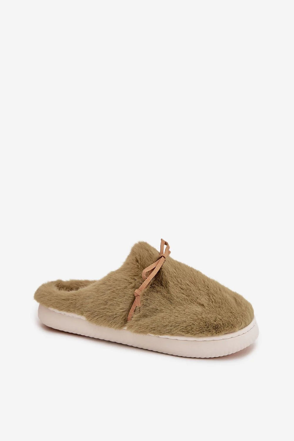 chaussons fourrure femme kaki olive mules pantoufles slipon boutferme noeud suedine semelle caoutchouc epaisse douce confortable