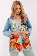 Veste en denim floral femme style bohème motif fleurs rouge orange vert coupe ajustée matière polyester viscose