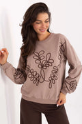 sweatshirt femme coupe ample taupe rosé maille coton élasthanne col rond manches longues bouffantes broderie florale