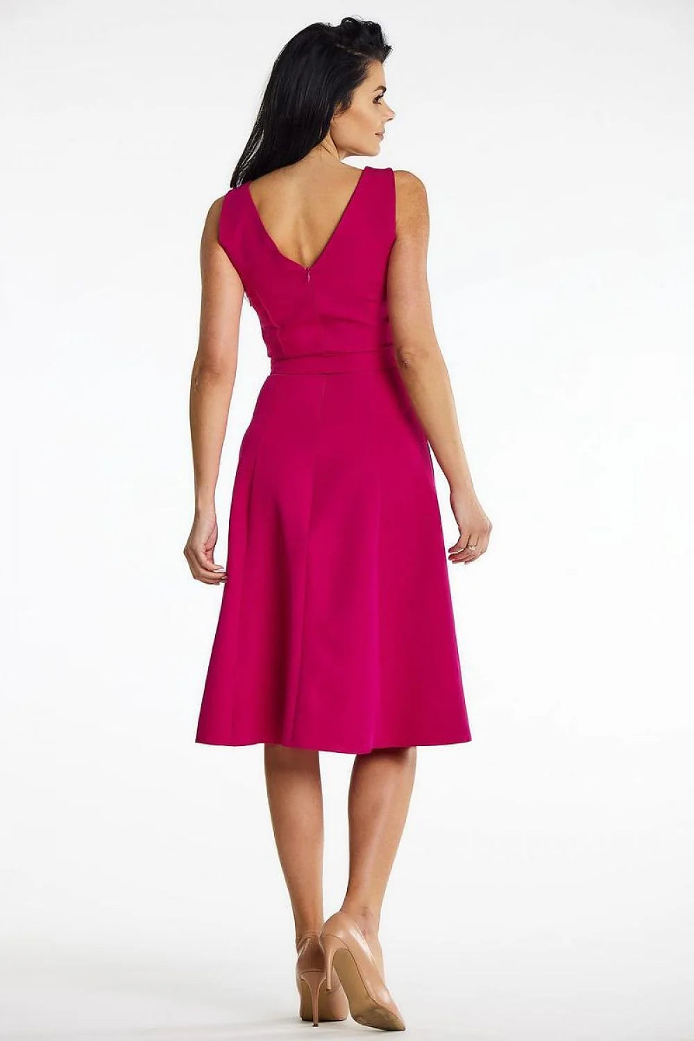 Robe de jour élégante sans manches encolure bateau taille ajustable ceinture métallique fuchsia femme