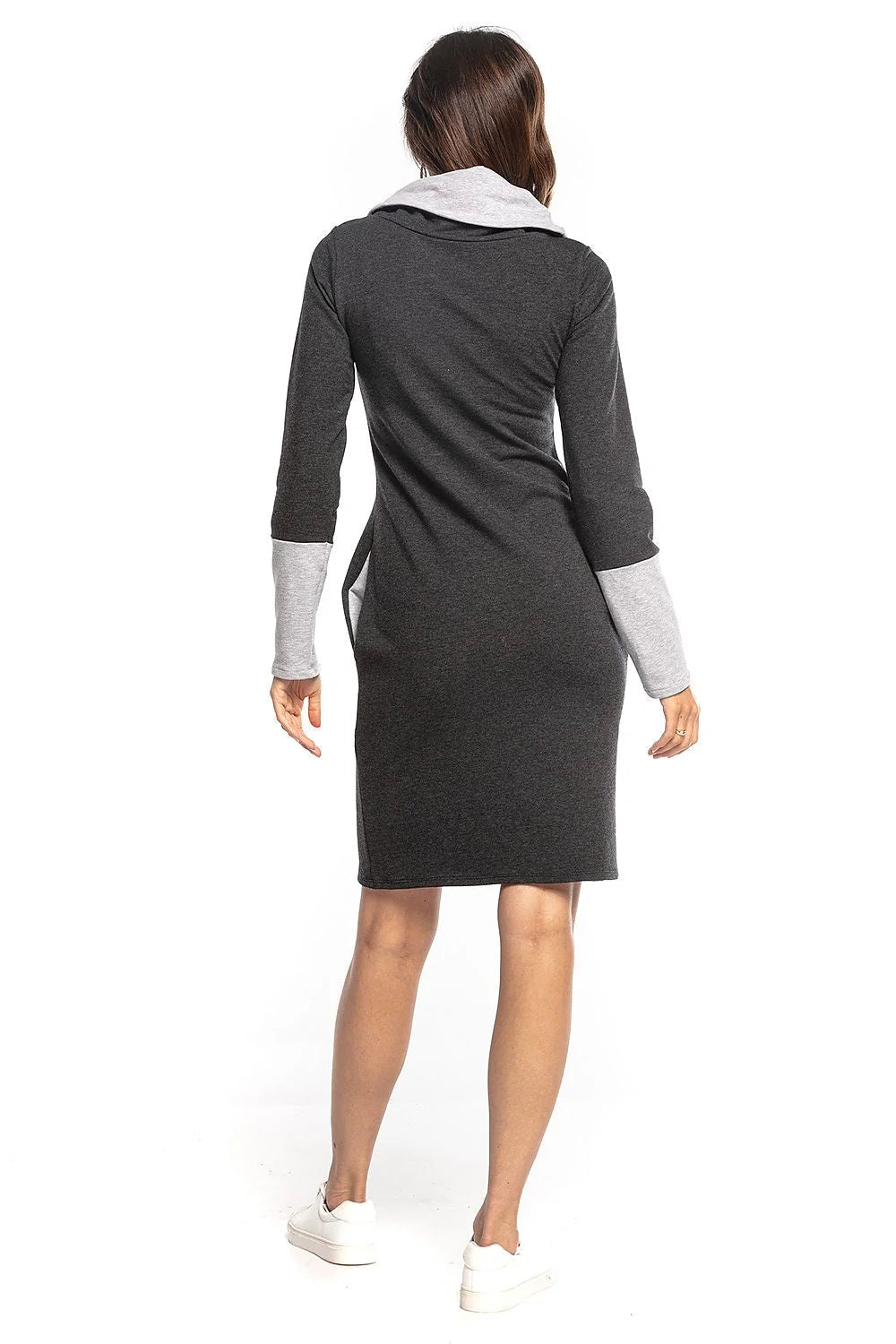 Robe en maille coton casual chic noire rose ajustée confortable manches longues avec poches femmes