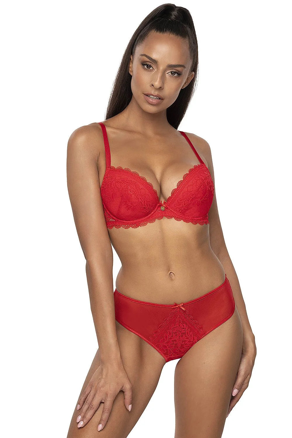 Soutien-gorge push-up en dentelle florale rouge, matelassé, bretelles ajustables, fermeture dos, couleur rouge vif, lingerie féminine élégante