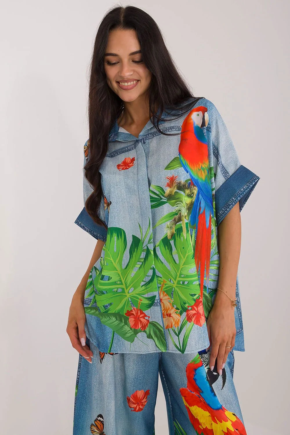 ensemble femme tropical printanière haut oversize col chemise manches courtes pantalon palazzo taille haute coupe ample imprimé perroquet multicolore polyester