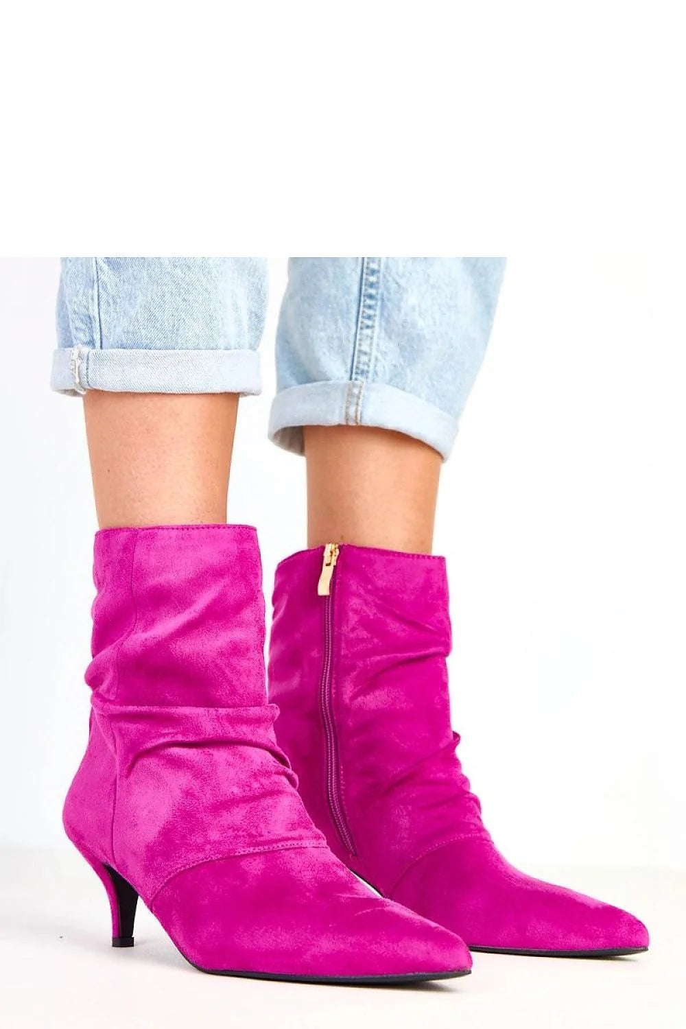 bottines femme cheville cuir écologique suédé fuchsia bout pointu talon aiguille 6cm tige doublure glissiere dorée semelle élégante