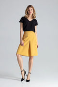 jupe trapèze midi taille haute ajustable mi genou évasée plis contrastés jaune moutarde tissu structuré tombé net élégant contemporain professionnel