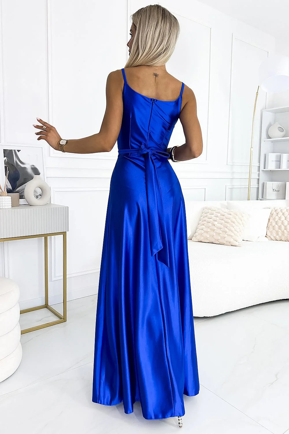 Robe longue élégante en satin bleu royal fente ceinture femmes occasion spéciale soirée mariage