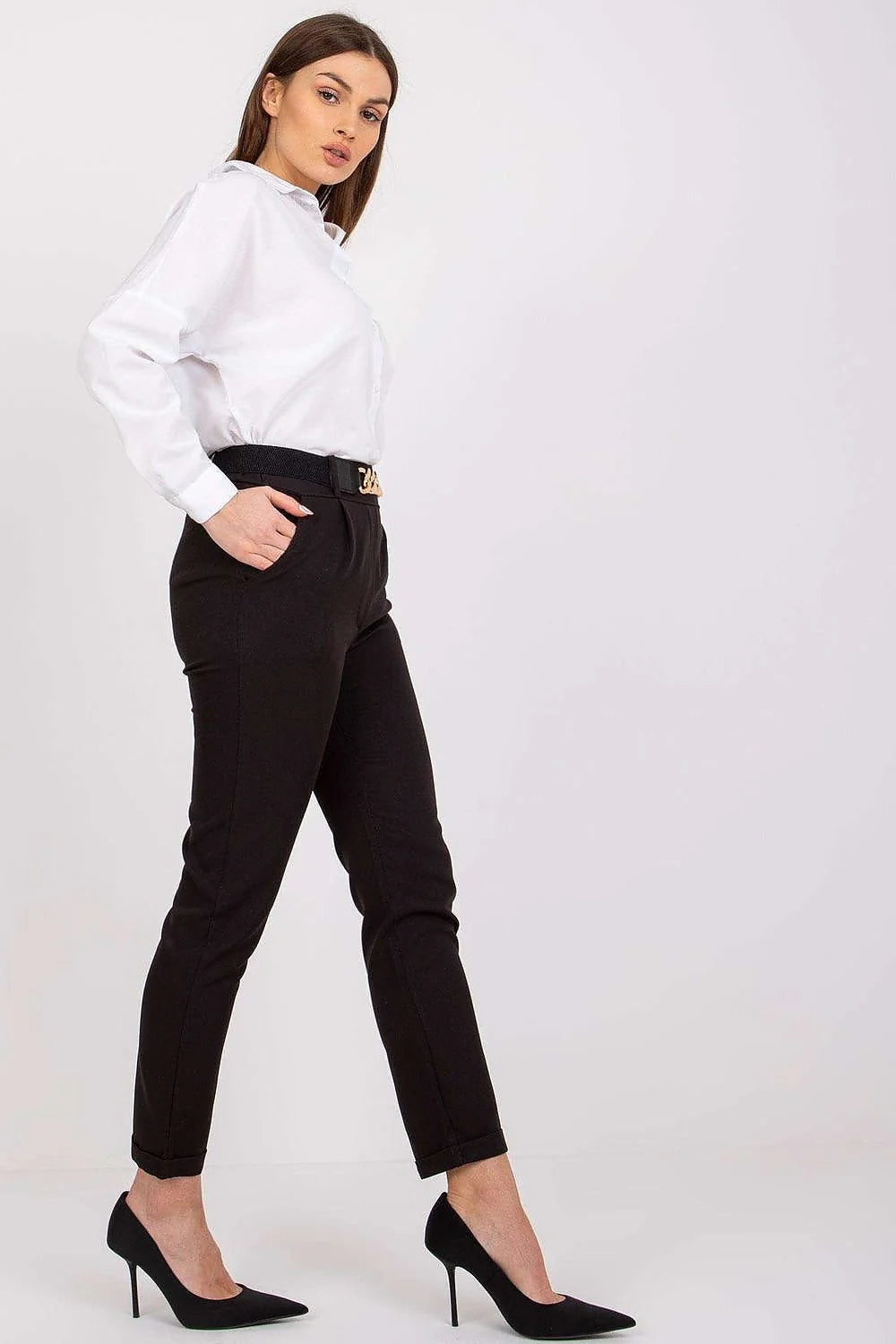 Pantalon femme Italy Moda taille haute ceinture élastique élégant soir travail manches longues ajusté