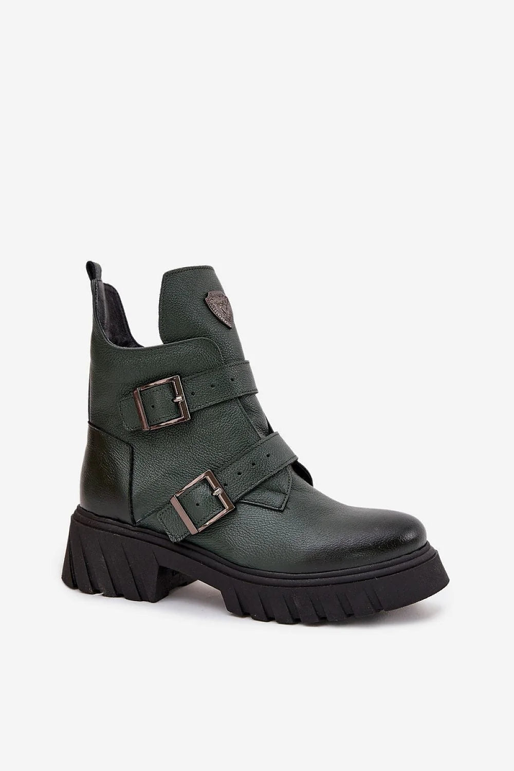 bottines cuir grainé vert forêt montantes doublées feutre chaleur confort fermeture éclair double brides réglables boucles métalliques semelle plateforme crantée