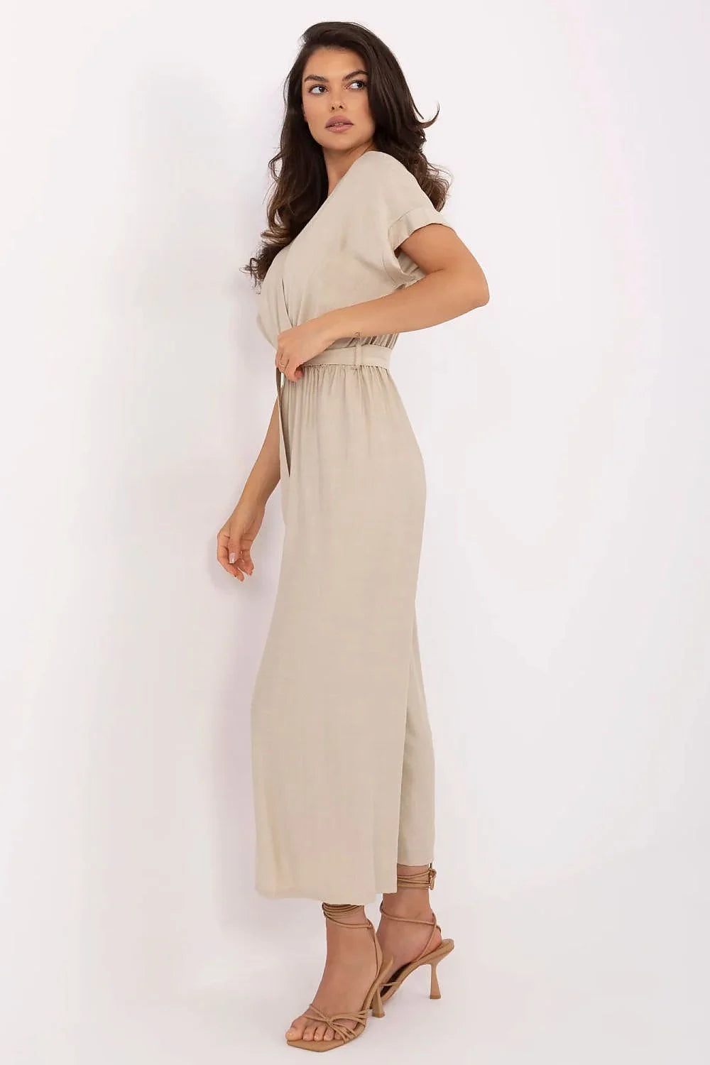 Combinaison femme élégante beige clair style décontracté en viscose nylon ceinture ajustable manches courtes encolure V croisée
