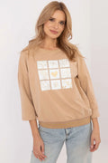 Sweat-shirt femme design floral moderne coupe ample manches 3/4 coton polyester beige imprimé fleurs cœur