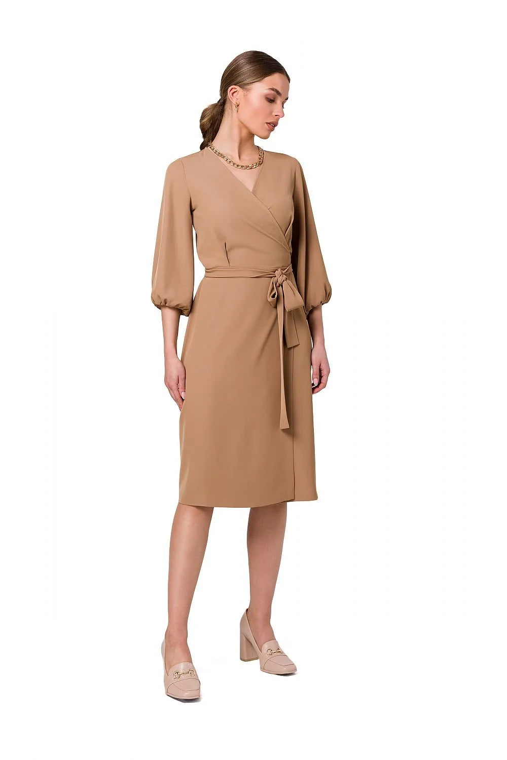 robe portefeuille midi fuchsia décolleté V profond manches troisquarts bouffantes ceinture nouée taille marquée tissu fluide élasthanne polyester élégante polyvalente