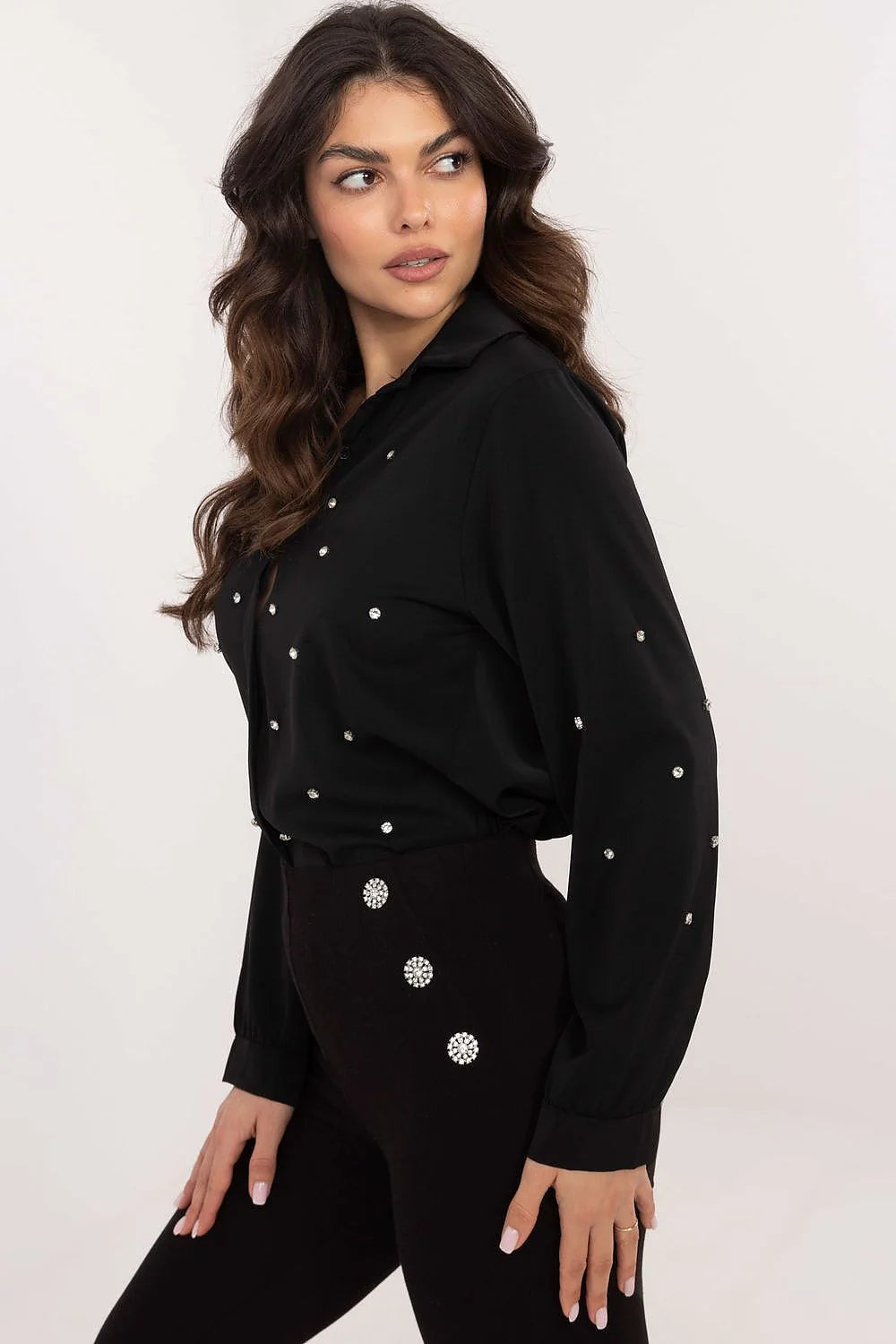 Chemise femme manches longues style classique zircons décoratifs polyester viscose noire occasion spéciale travail réunion formelle