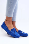 moccasins femme élégant confort ecosuede bleu vif suedine caoutchouc antidérapante semelle intérieure perforée surpiqûres lacet décoratif embouts métalliques