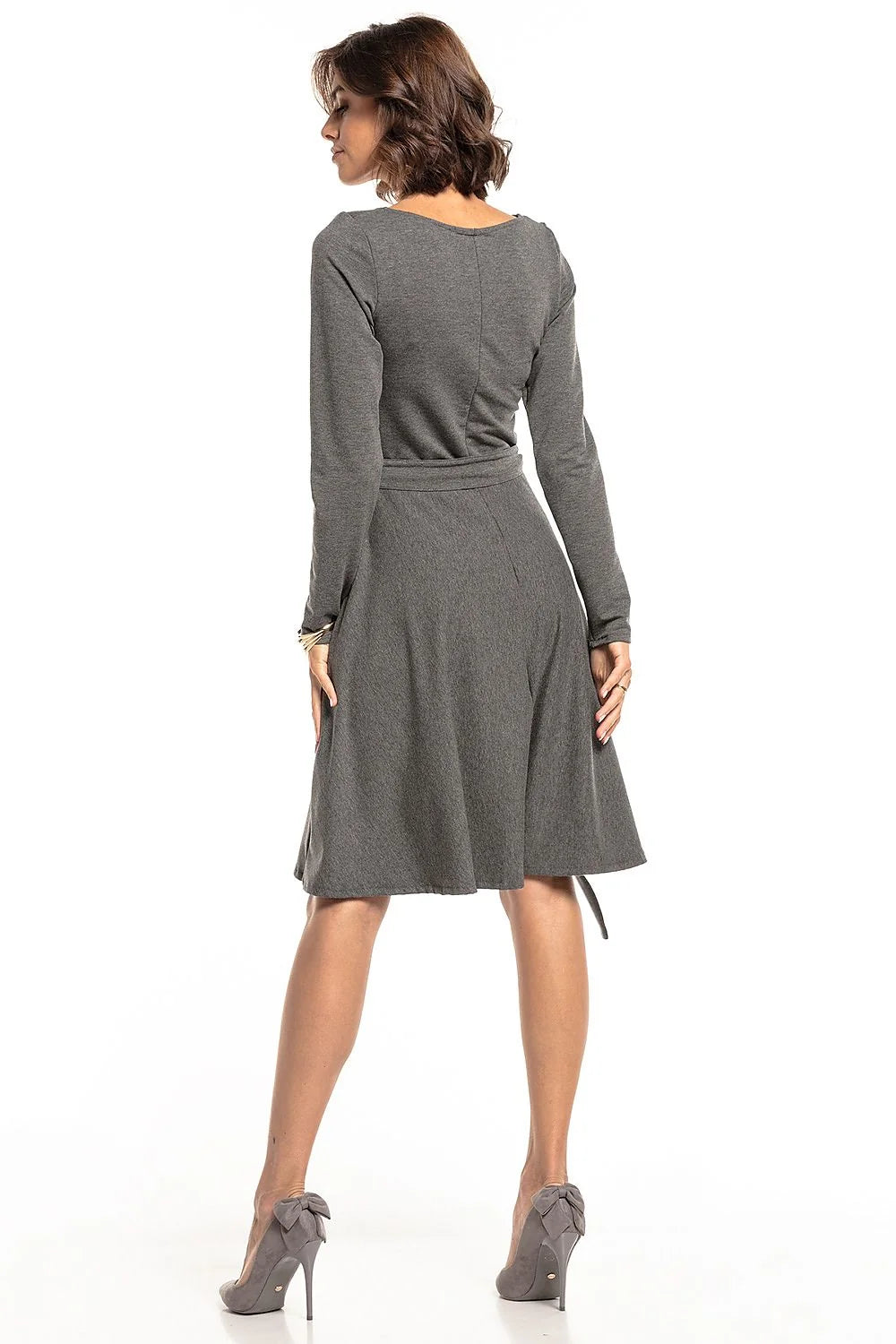Robe en coton bleu élégante Tessita manches longues col V ceinture intégrée pour femmes