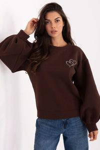 sweatshirt femme élégant décontracté coton polyester molleton marron chocolat coupe boxy encolure ronde manches bouffantes poignets resserrés découpe dos spectaculaire