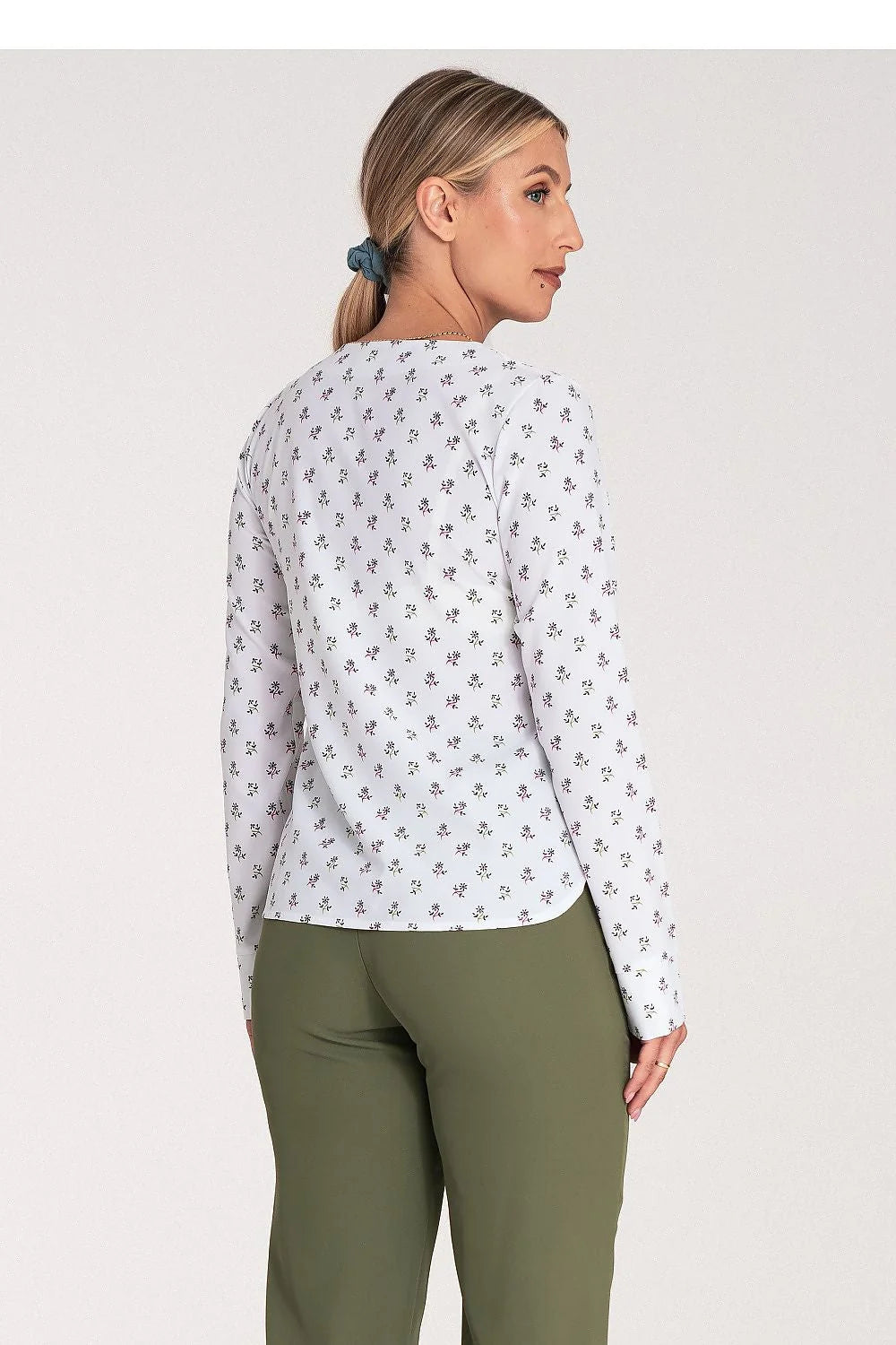 chemisier manches longues floral imprimé femme coupe ajustée col V boutonné léger fluide polyester élasthanne blanc bordeaux vert élégant bureau