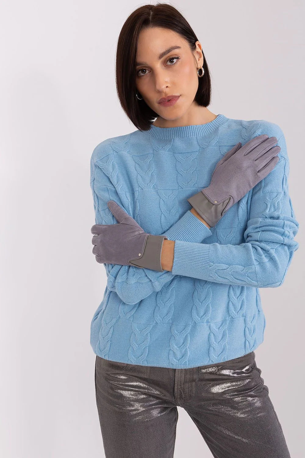 Ensemble élégant pour femmes pull gants design torsadé matelassé couleur bleu ciel gris mode automne hiver