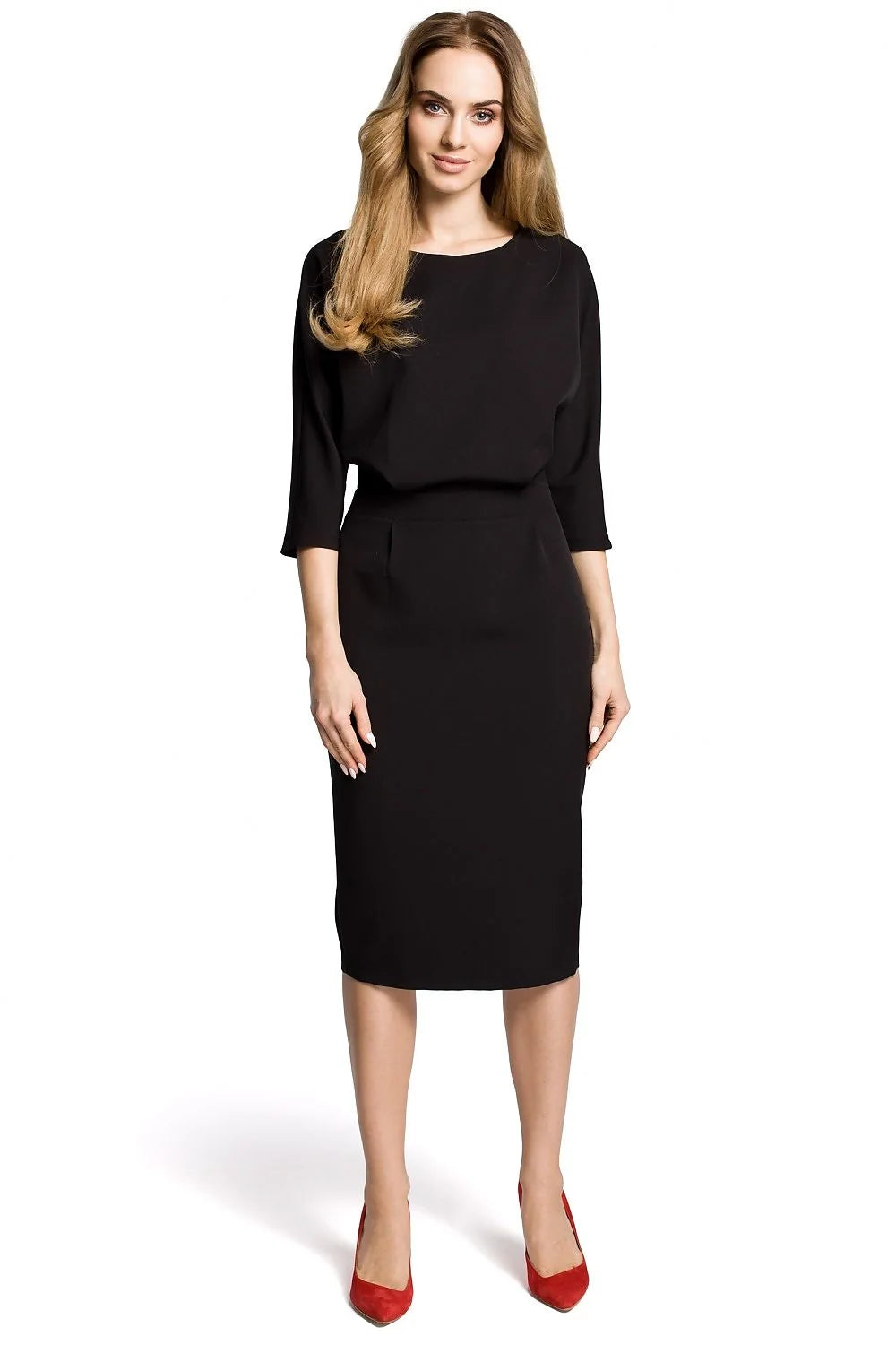 robe élégante polyvalente cintrée taille haute manches chauvesouris encolure bateau polyester élasthanne extensible fourreau maintien confort bureau soirée bleu marine
