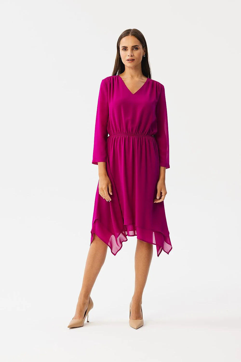 Robe de cocktail élégante en mousseline de soie couleur fuchsia manches 3/4 taille ajustable femme