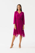 Robe de cocktail élégante en mousseline de soie couleur fuchsia manches 3/4 taille ajustable femme