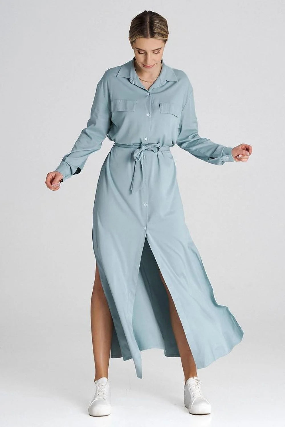 Robe de jour Figl longue chemise style moderne élégant col chemise manches longues boutons poignets ceinture taille fente latérale sans poches