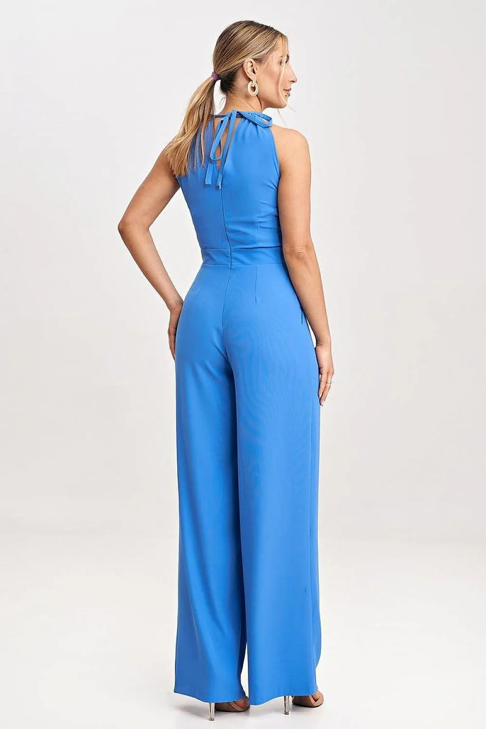 Combinaison sans manches élégante pour femme en polyester, style moderne, couleur bleu vif, occasion semi-formelle ou formelle, coupe ajustée buste, jambes larges, fermeture éclair dos, poches fendues, taille S/M/L/XL