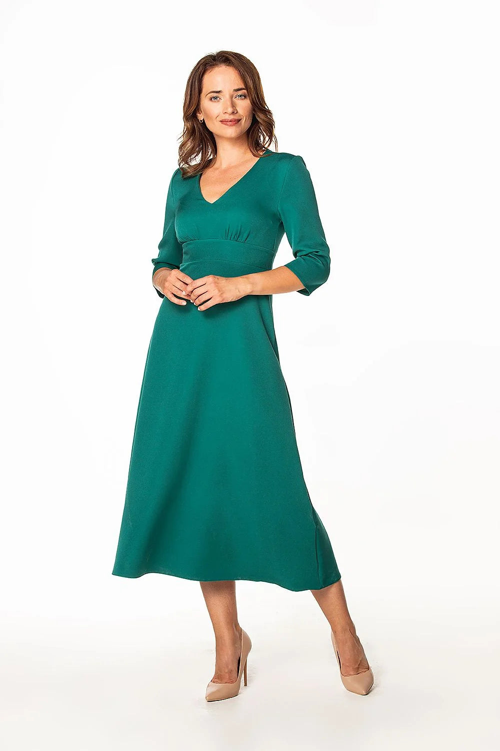 Robe de jour Tessita élégante maxi manches 3/4 en V taille ajustable vert émeraude jersey polyester confortable femme mode vêtement